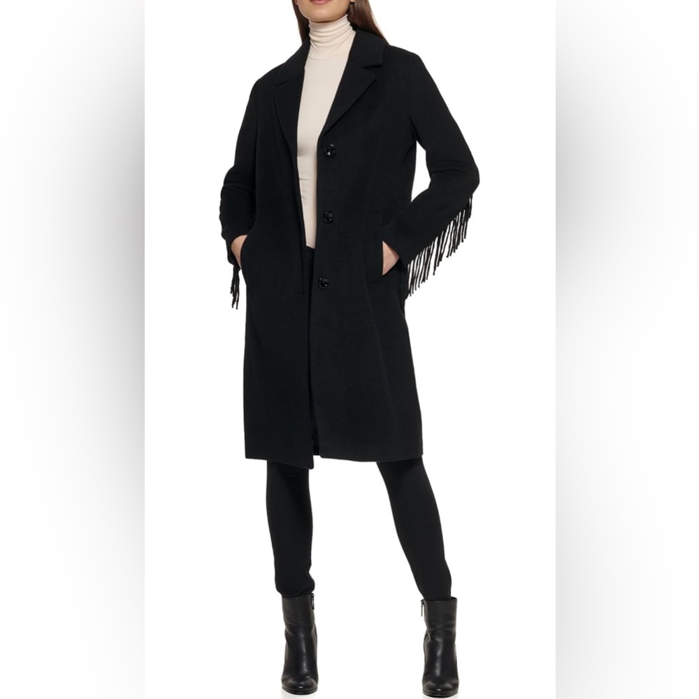 Kenneth Cole Black  wool single-breasted coat, fringe sleeves - Size Lg